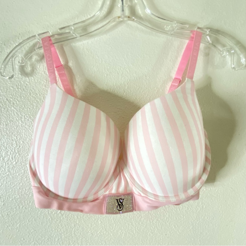Victoria's Secret Pink & White Striped Padded T-Shirt Bra 34DDD Bling Underwire